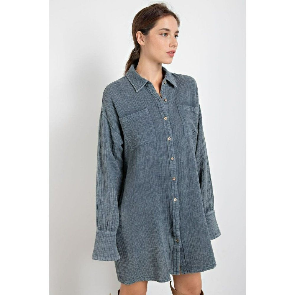 Easel Cotton Gauze Mineral Washed Shirt Dress in Slate New S-L ED16857 - Picture 4 of 5